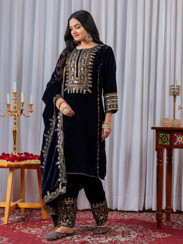 Image of Blue Heavy Pure Viscose Velvet Embroidery Party Wedding Festival Casual Ready Pant Salwar Kameez