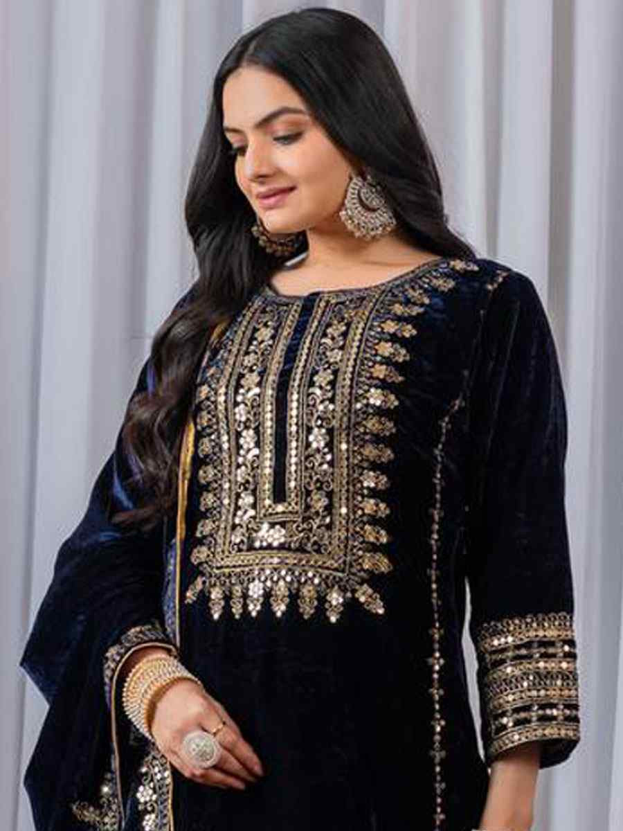 Blue Heavy Pure Viscose Velvet Embroidery Party Wedding Festival Casual Ready Pant Salwar Kameez