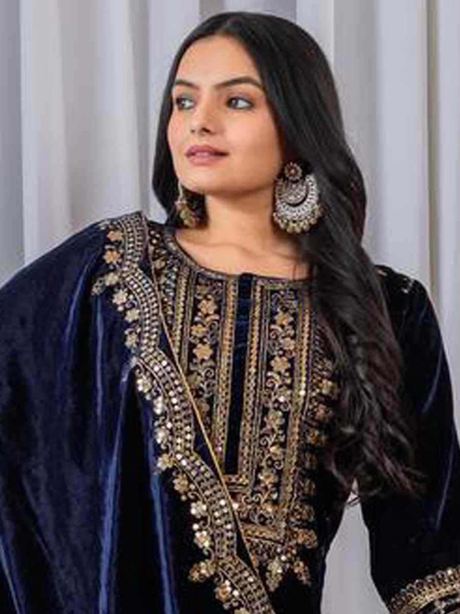 Blue Heavy Pure Viscose Velvet Embroidery Party Wedding Festival Casual Ready Pant Salwar Kameez