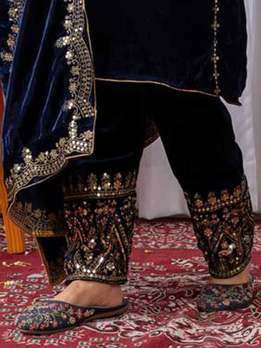 Blue Heavy Pure Viscose Velvet Embroidery Party Wedding Festival Casual Ready Pant Salwar Kameez