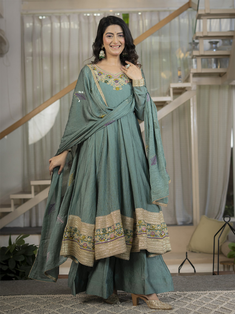 Image of Blue Heavy Rangoli Crush Silk Embroidery Sequins Wedding Party Festival Casual Ready Anarkali Palazzo Pant Salwar Kameez