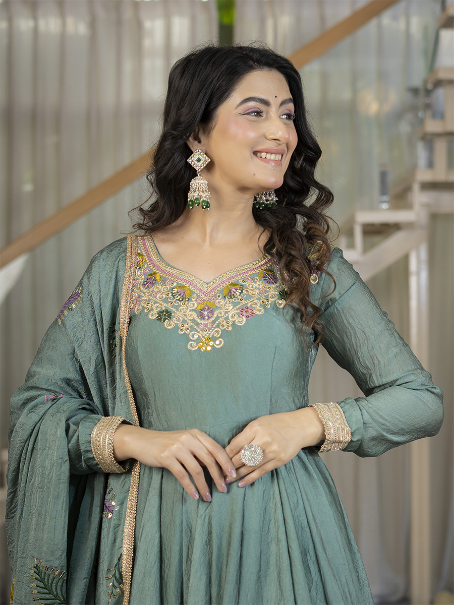 Blue Heavy Rangoli Crush Silk Embroidery Sequins Wedding Party Festival Casual Ready Anarkali Palazzo Pant Salwar Kameez