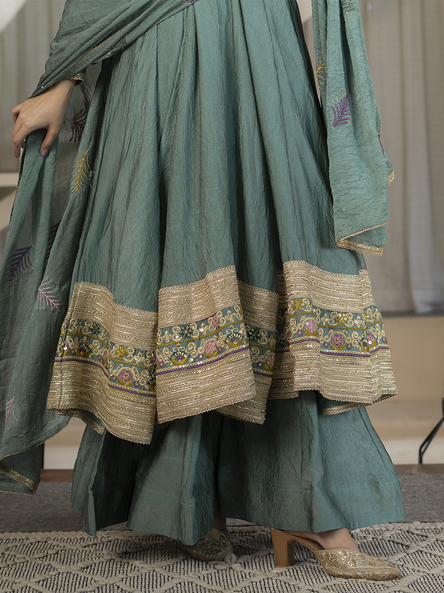 Blue Heavy Rangoli Crush Silk Embroidery Sequins Wedding Party Festival Casual Ready Anarkali Palazzo Pant Salwar Kameez