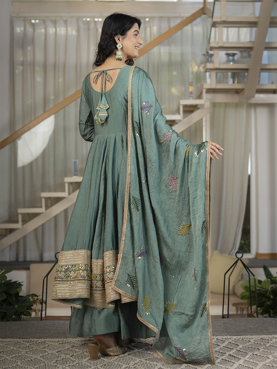 Blue Heavy Rangoli Crush Silk Embroidery Sequins Wedding Party Festival Casual Ready Anarkali Palazzo Pant Salwar Kameez