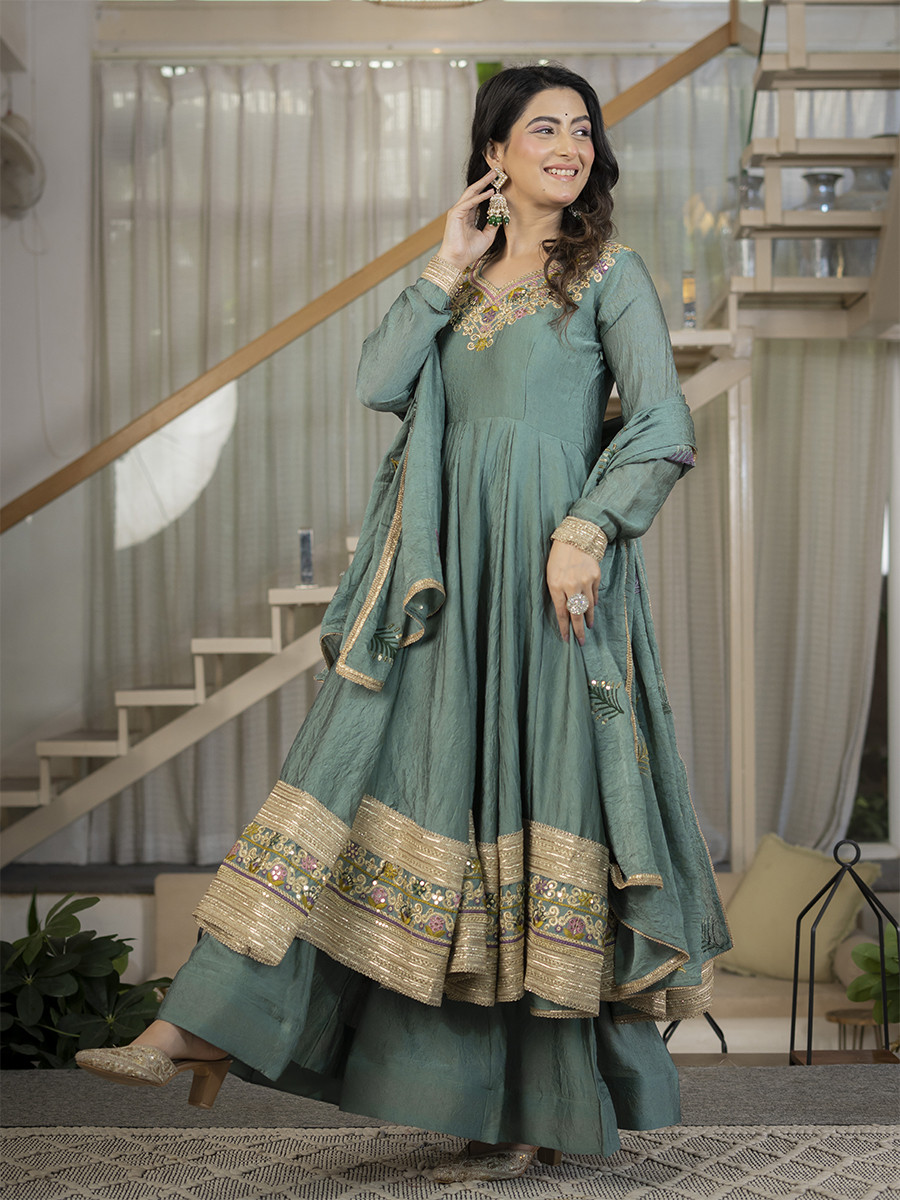 Blue Heavy Rangoli Crush Silk Embroidery Sequins Wedding Party Festival Casual Ready Anarkali Palazzo Pant Salwar Kameez