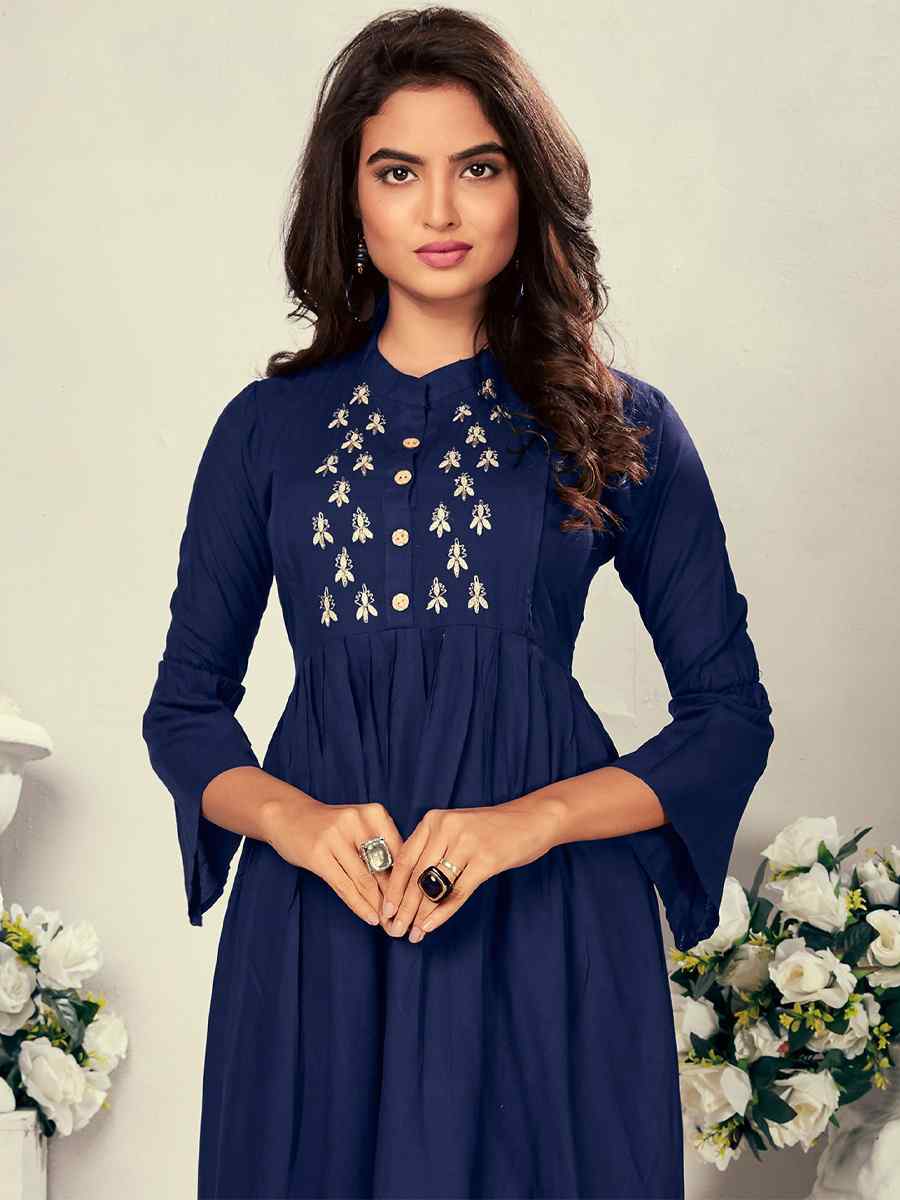 Blue Heavy Rayon Embroidered Festival Casual Kurti