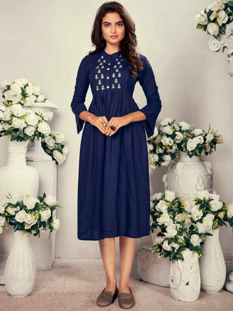 Blue Heavy Rayon Embroidered Festival Casual Kurti