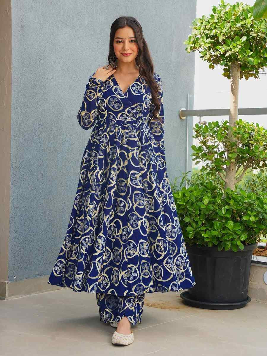 Blue Heavy Rayon Printed Festival Casual Kurti with Bottom