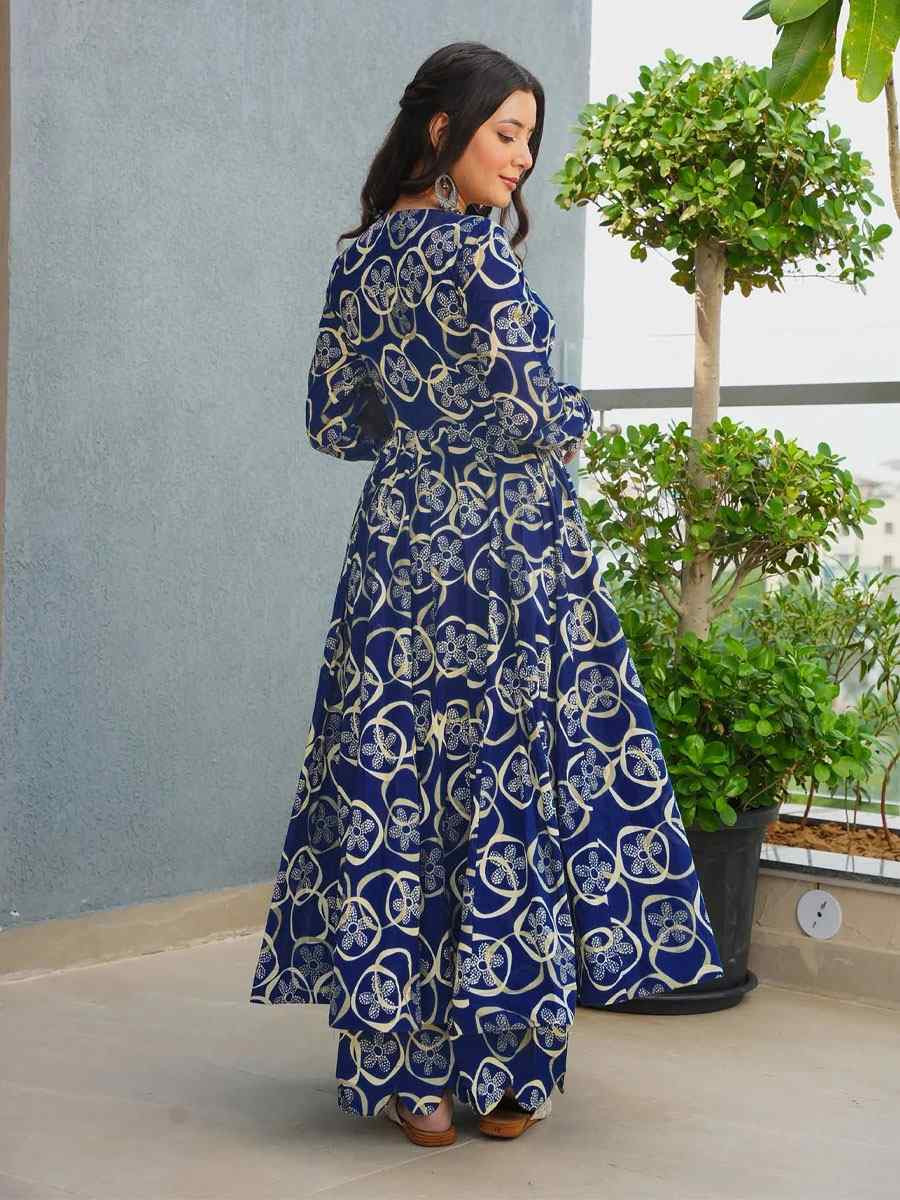 Blue Heavy Rayon Printed Festival Casual Kurti with Bottom