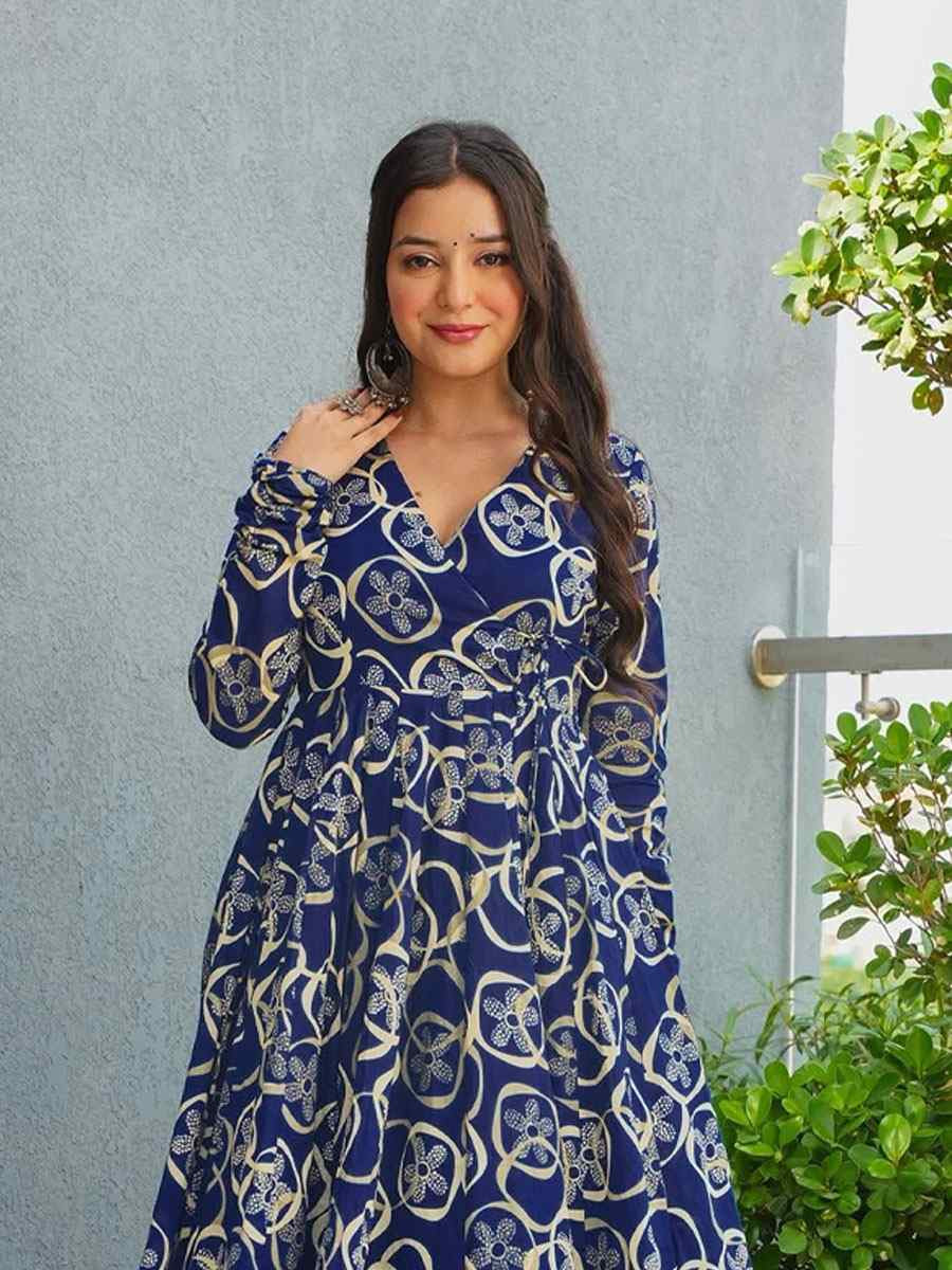 Blue Heavy Rayon Printed Festival Casual Kurti with Bottom