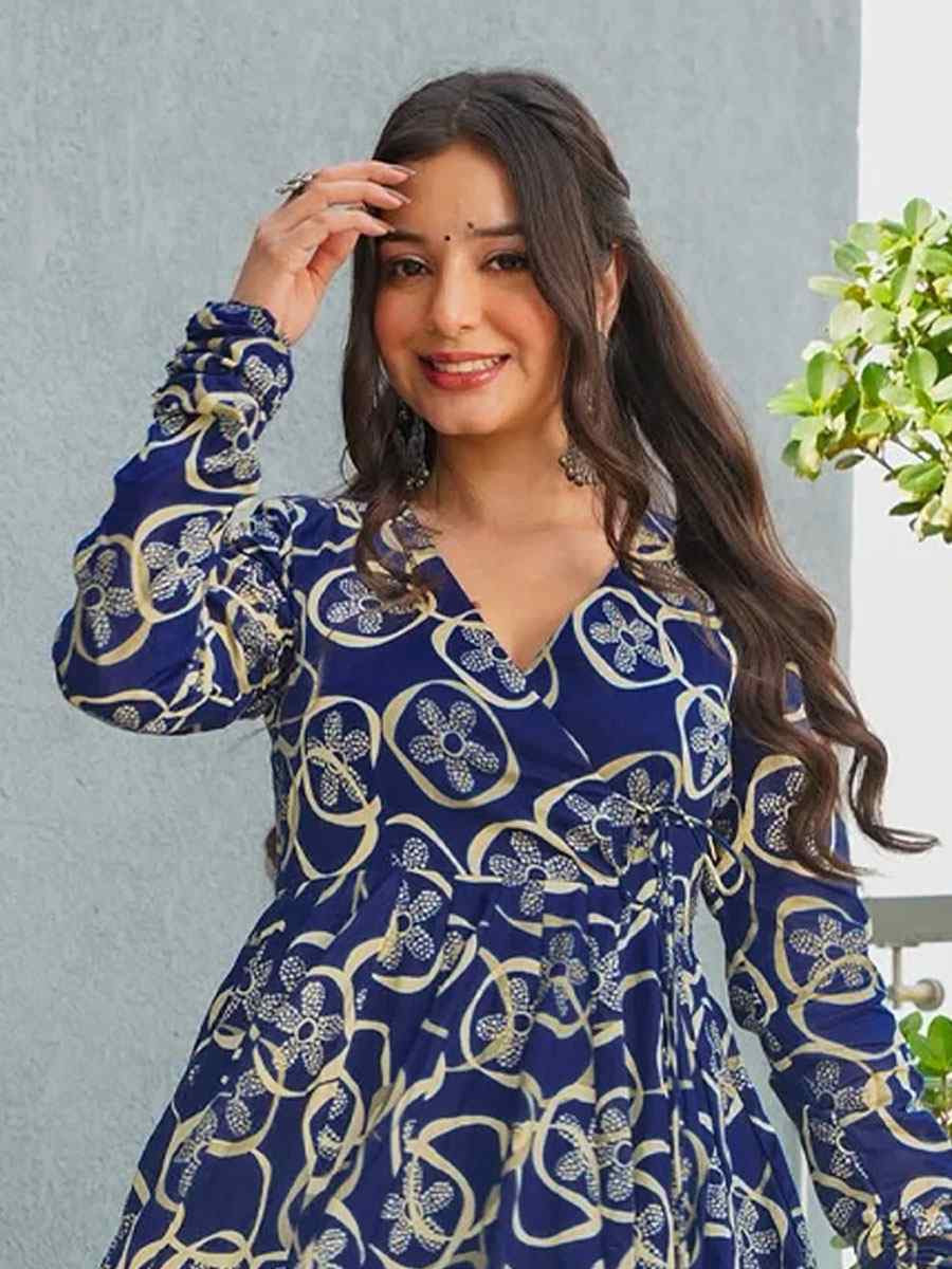 Blue Heavy Rayon Printed Festival Casual Kurti with Bottom