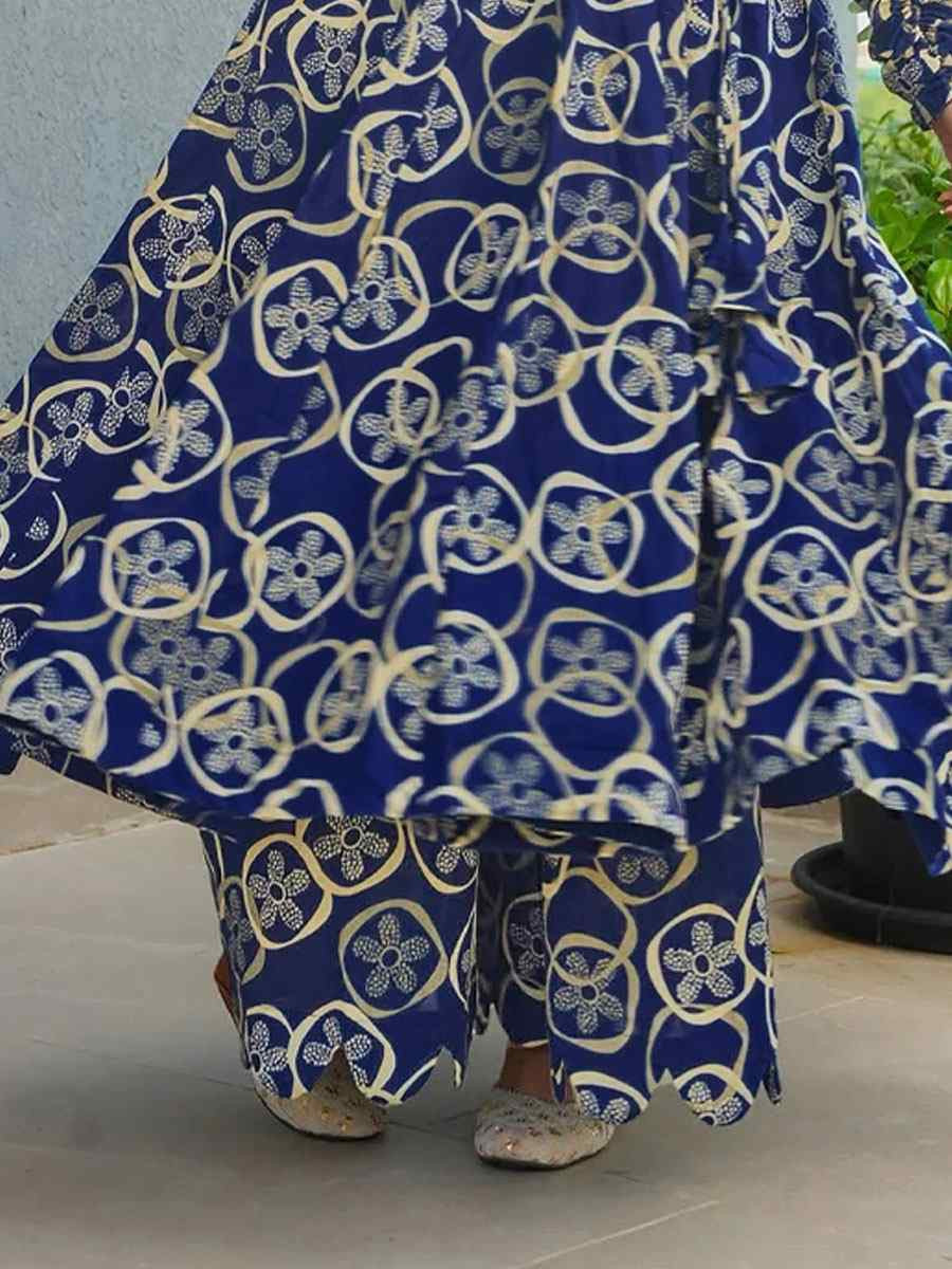 Blue Heavy Rayon Printed Festival Casual Kurti with Bottom