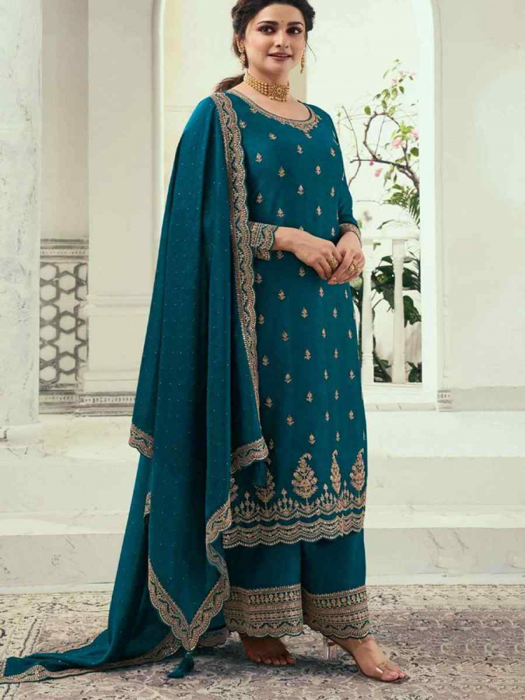 Image of Blue Heavy Silk Georgette Embroidered Casual Festival Wedding Party Palazzo Pant Salwar Kameez