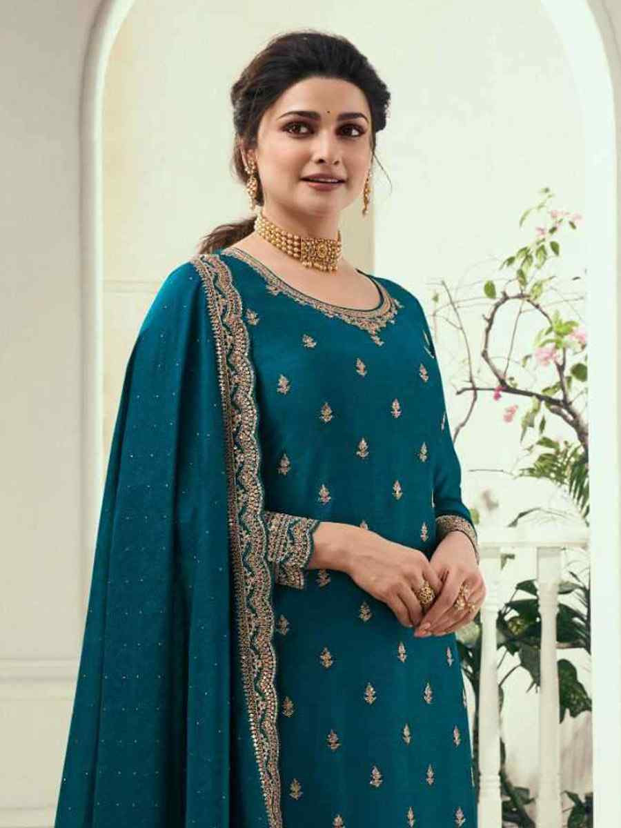 Blue Heavy Silk Georgette Embroidered Casual Festival Wedding Party Palazzo Pant Salwar Kameez