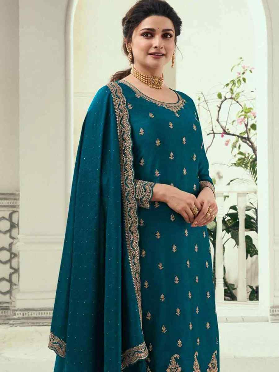 Blue Heavy Silk Georgette Embroidered Casual Festival Wedding Party Palazzo Pant Salwar Kameez