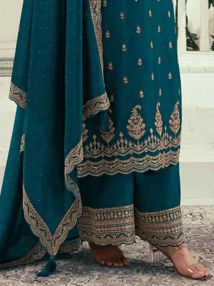 Blue Heavy Silk Georgette Embroidered Casual Festival Wedding Party Palazzo Pant Salwar Kameez