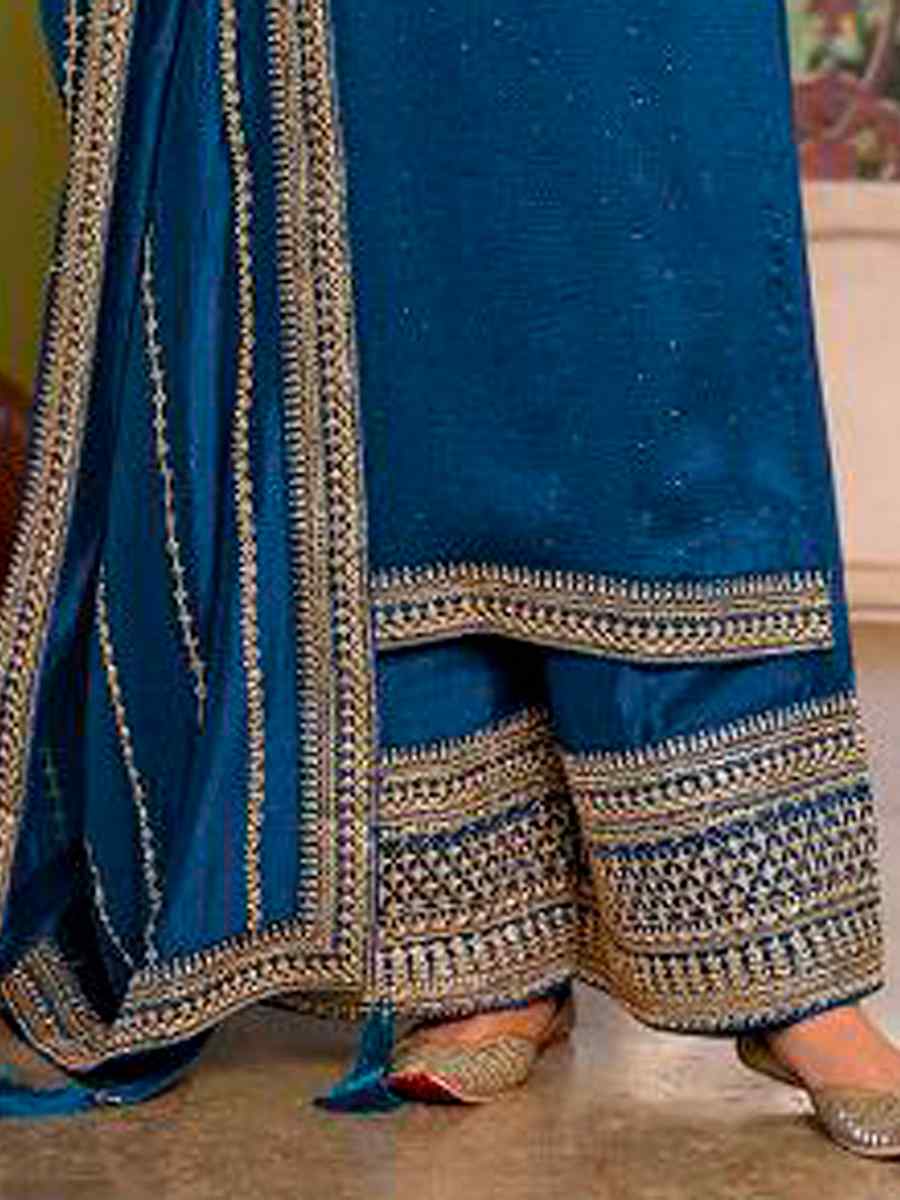 Blue Heavy Silk Georgette Embroidered Wedding Festival Bollywood Palazzo Pant Salwar Kameez