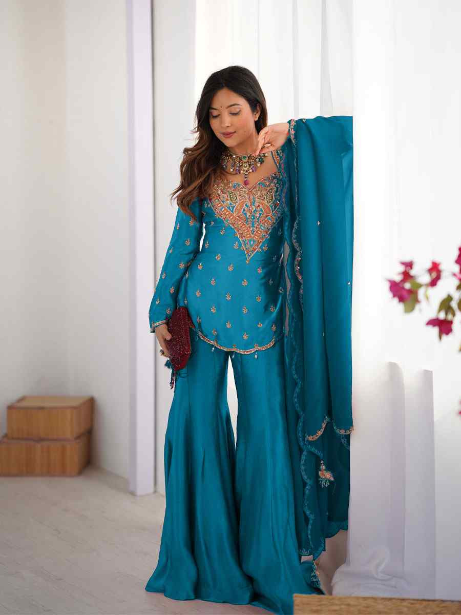 Blue Heavy Simar Silk Plain with Embroidery Party Wedding Festival Casual Ready Palazzo Pant Salwar Kameez