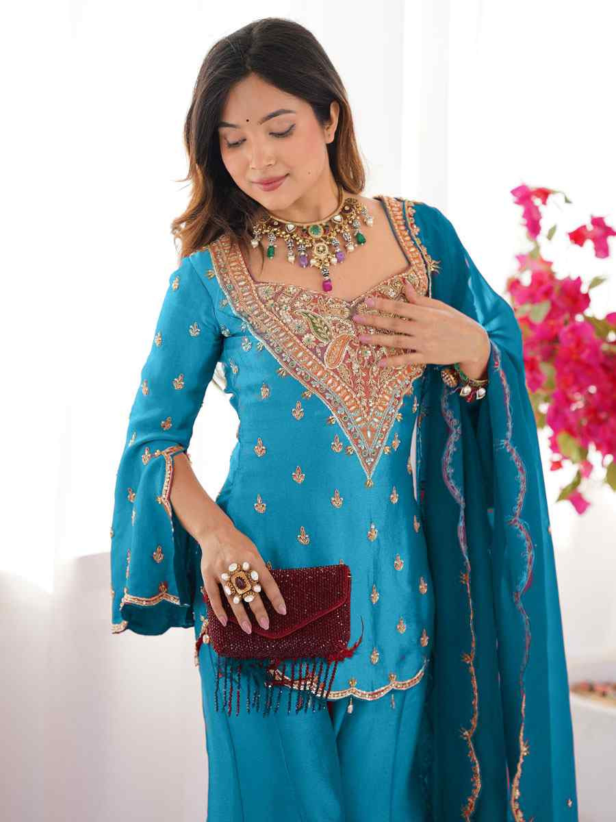 Blue Heavy Simar Silk Plain with Embroidery Party Wedding Festival Casual Ready Palazzo Pant Salwar Kameez