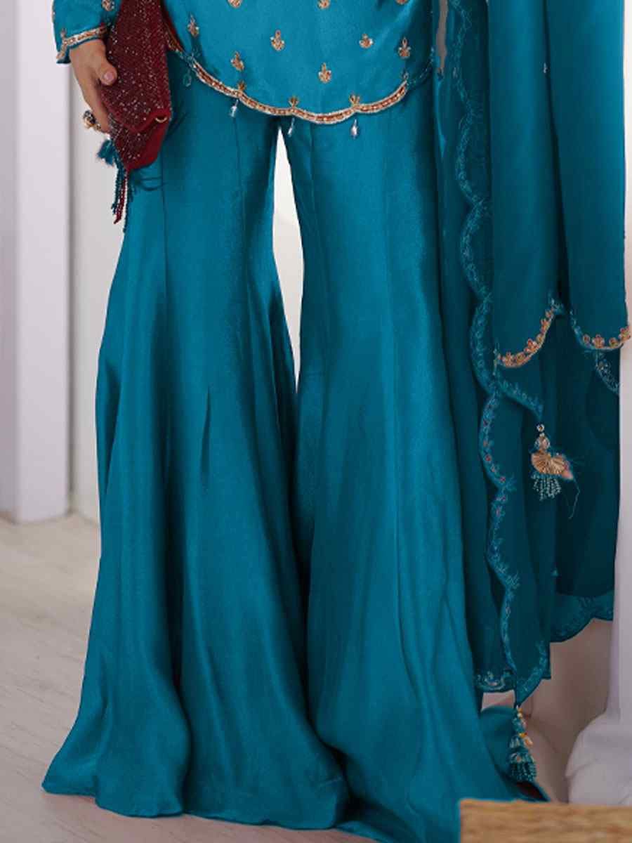 Blue Heavy Simar Silk Plain with Embroidery Party Wedding Festival Casual Ready Palazzo Pant Salwar Kameez