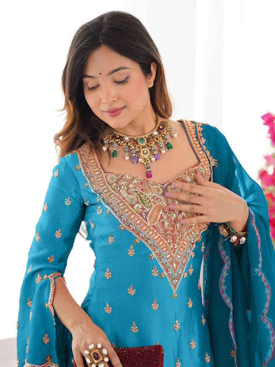 Blue Heavy Simar Silk Plain with Embroidery Party Wedding Festival Casual Ready Palazzo Pant Salwar Kameez