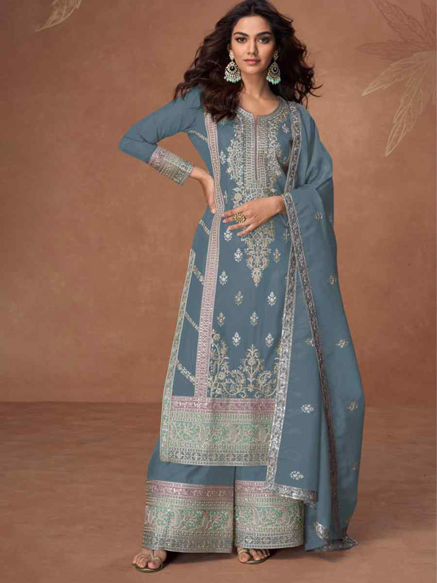 Blue Heavy Vichitra Silk Embroidered Festival Wedding Palazzo Pant Salwar Kameez