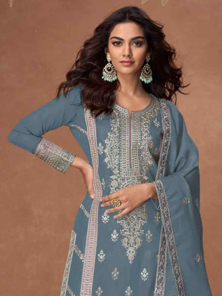 Blue Heavy Vichitra Silk Embroidered Festival Wedding Palazzo Pant Salwar Kameez
