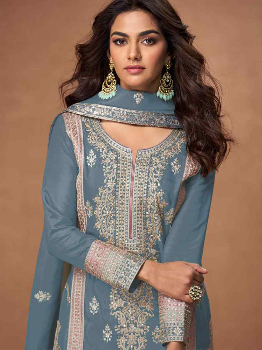 Blue Heavy Vichitra Silk Embroidered Festival Wedding Palazzo Pant Salwar Kameez