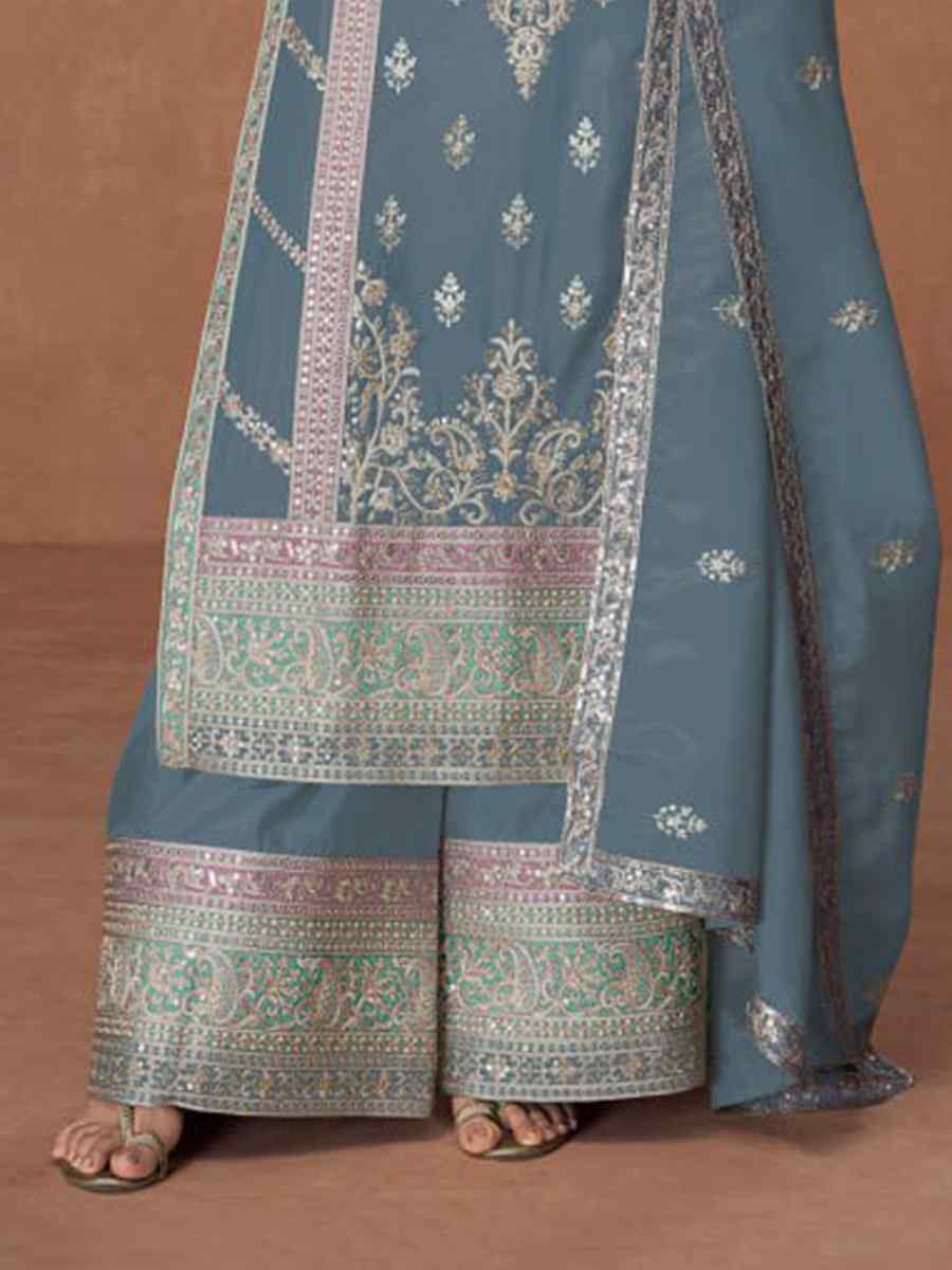Blue Heavy Vichitra Silk Embroidered Festival Wedding Palazzo Pant Salwar Kameez