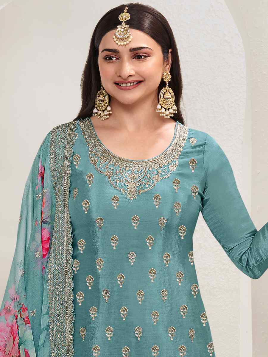 Blue Heavy Viscose Chinon Embroidered Festival Wedding Sharara Pant Salwar Kameez