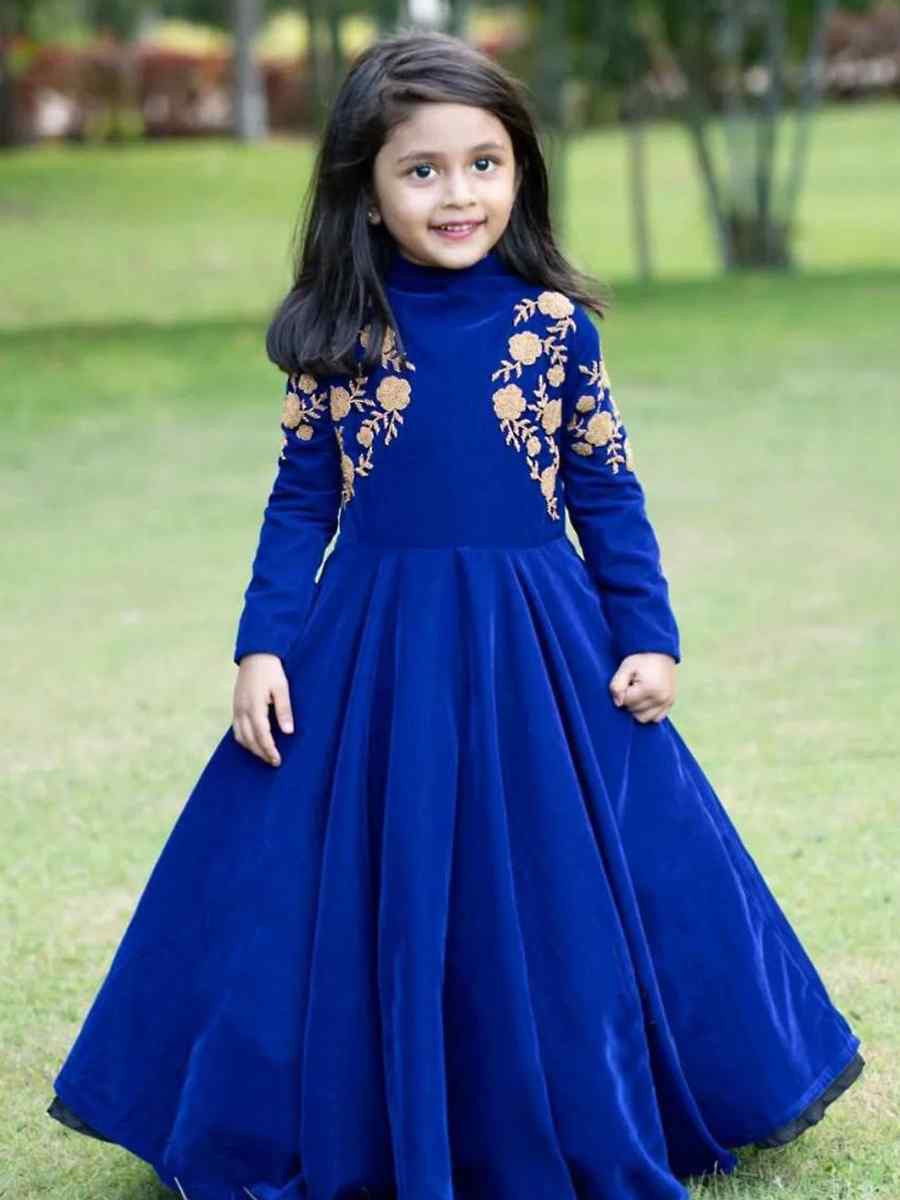 Blue Heavy Viscose Velvet Embroidered Wedding Festival Gown