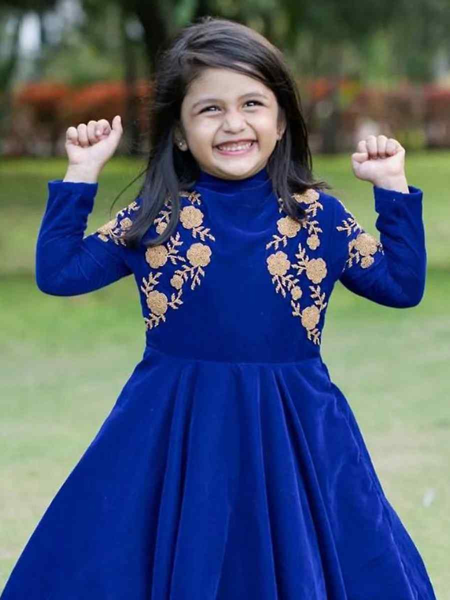 Blue Heavy Viscose Velvet Embroidered Wedding Festival Gown