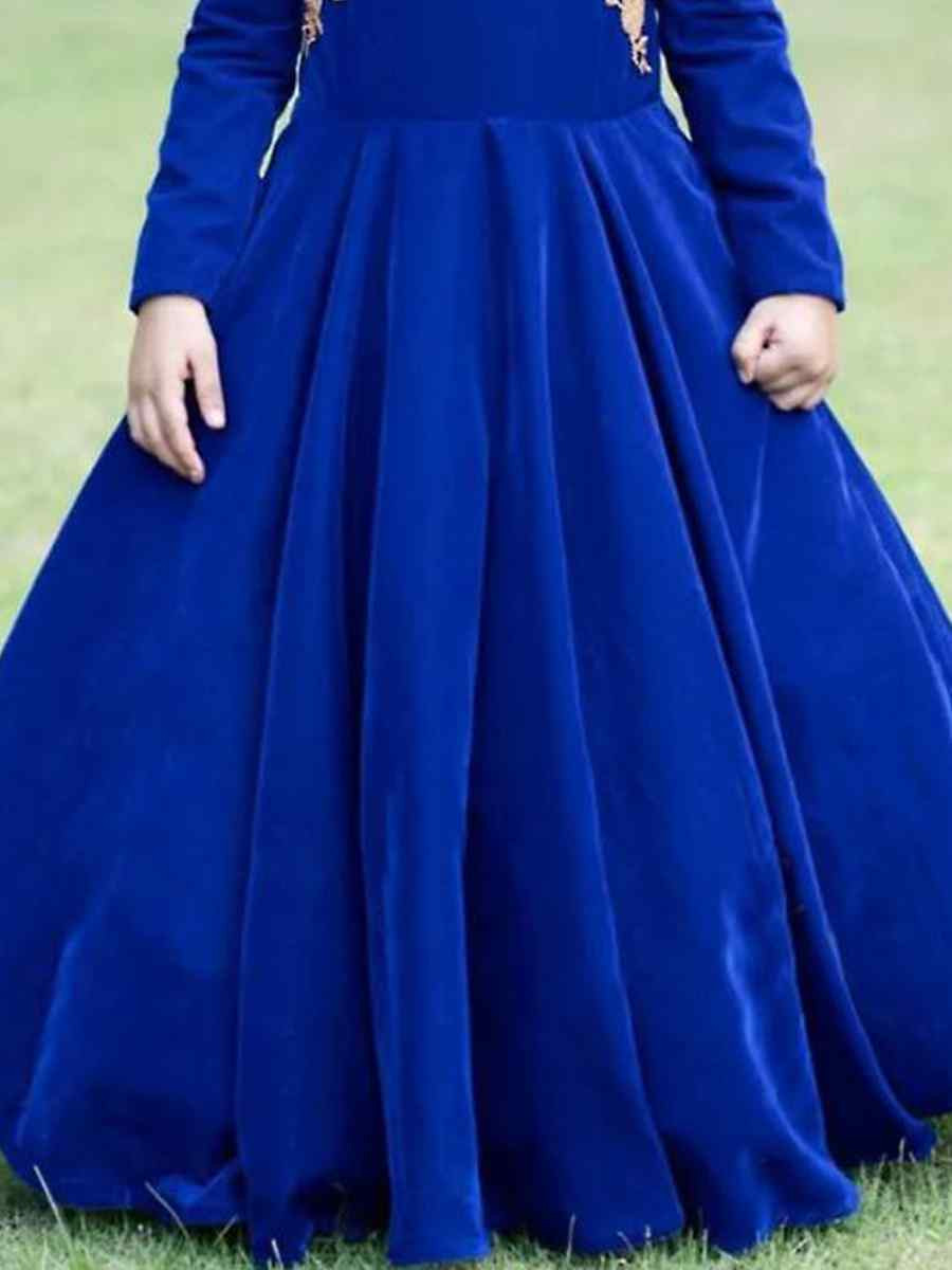 Blue Heavy Viscose Velvet Embroidered Wedding Festival Gown