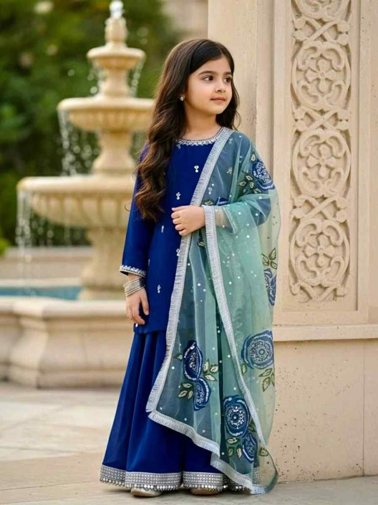 Image of Blue Heavy Viscose Velvet Embroidered Printed Casual Festival Salwars Girls Wear