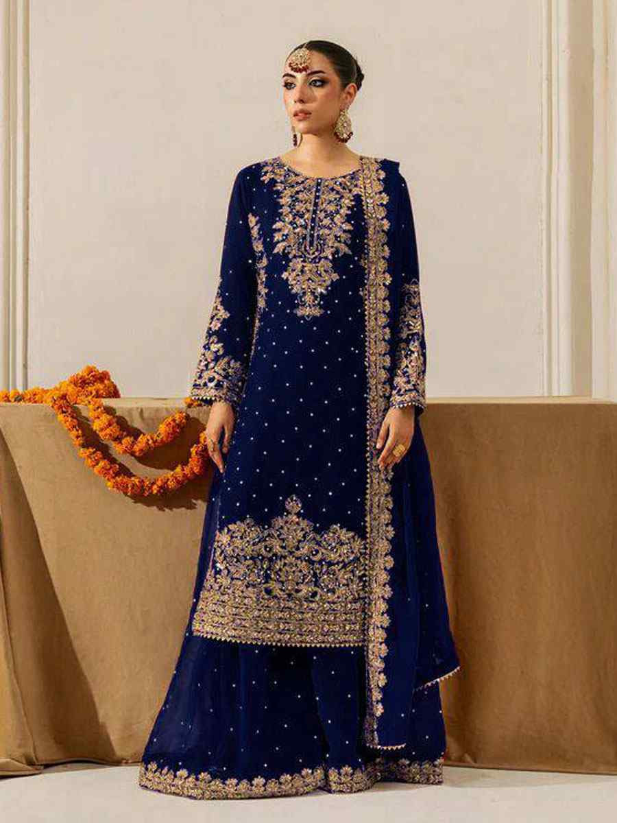 Blue Heavy Viscose Velvet Embroidery Party Wedding Festival Casual Ready Palazzo Pant Salwar Kameez