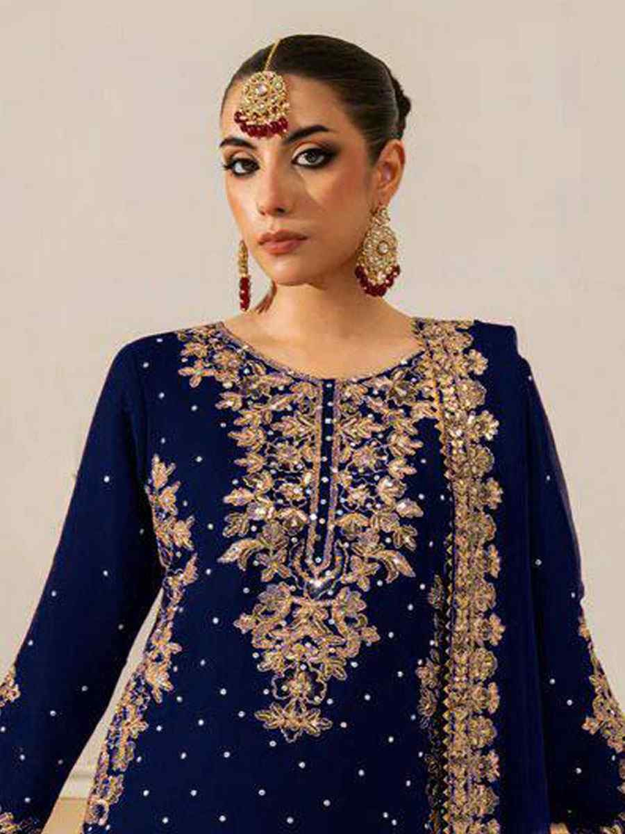 Blue Heavy Viscose Velvet Embroidery Party Wedding Festival Casual Ready Palazzo Pant Salwar Kameez