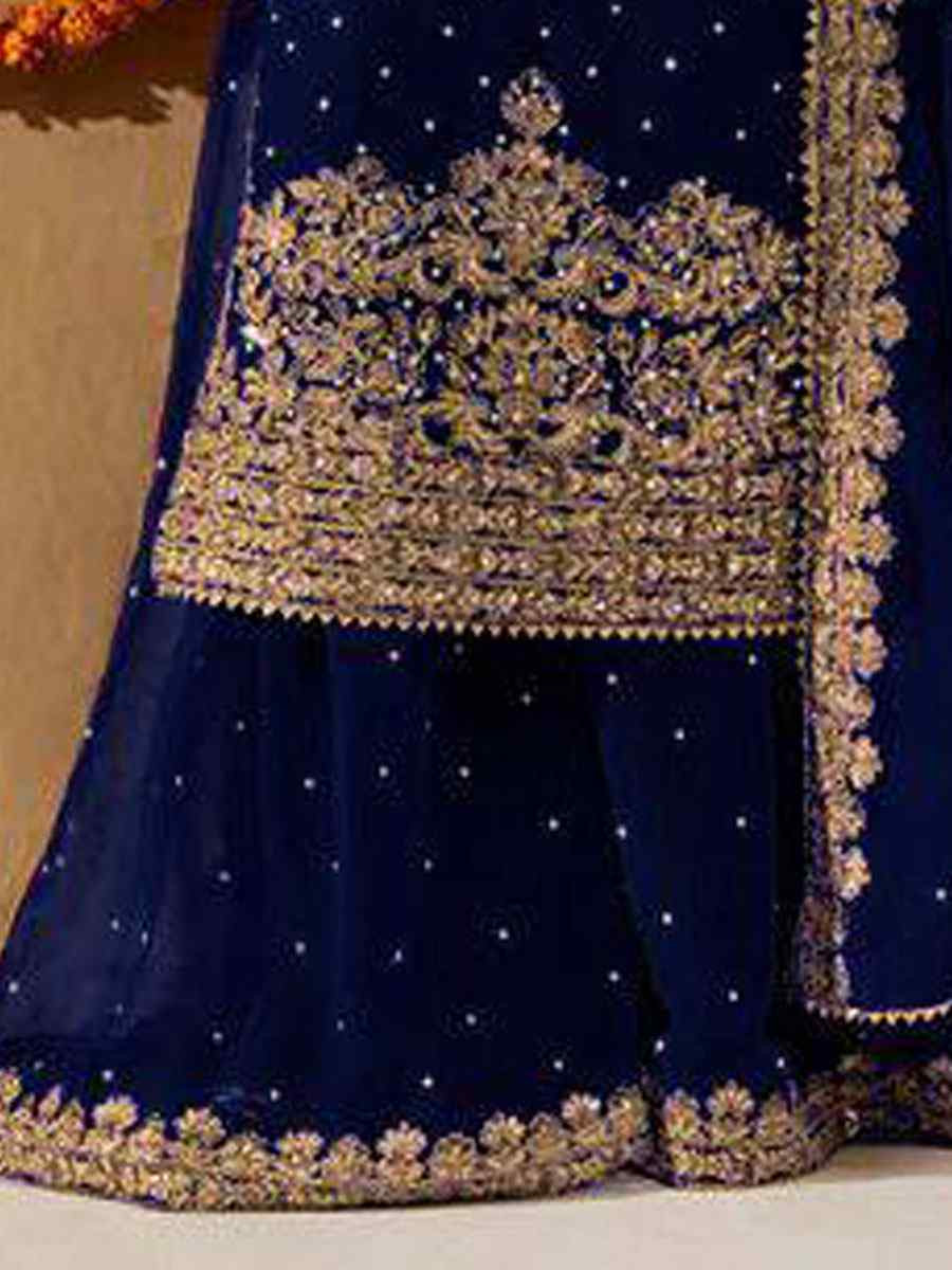 Blue Heavy Viscose Velvet Embroidery Party Wedding Festival Casual Ready Palazzo Pant Salwar Kameez
