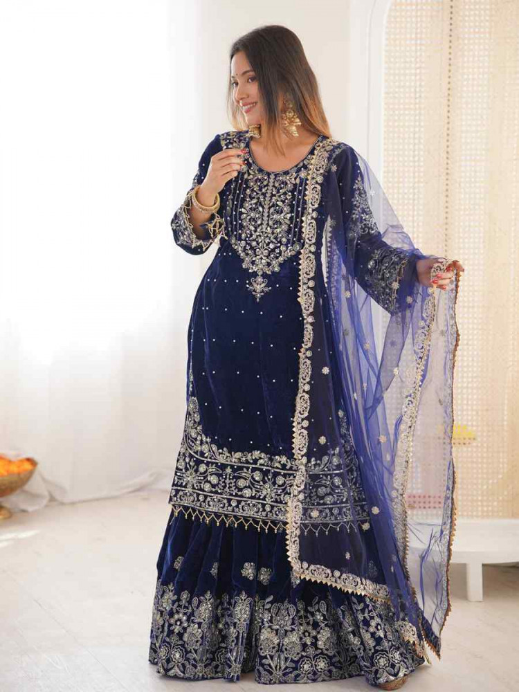 Image of Blue Heavy Viscose Velvet Embroidery Party Wedding Festival Casual Ready Sharara Pant Salwar Kameez