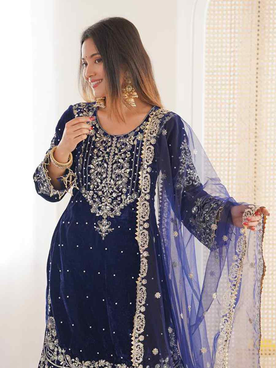 Blue Heavy Viscose Velvet Embroidery Party Wedding Festival Casual Ready Sharara Pant Salwar Kameez