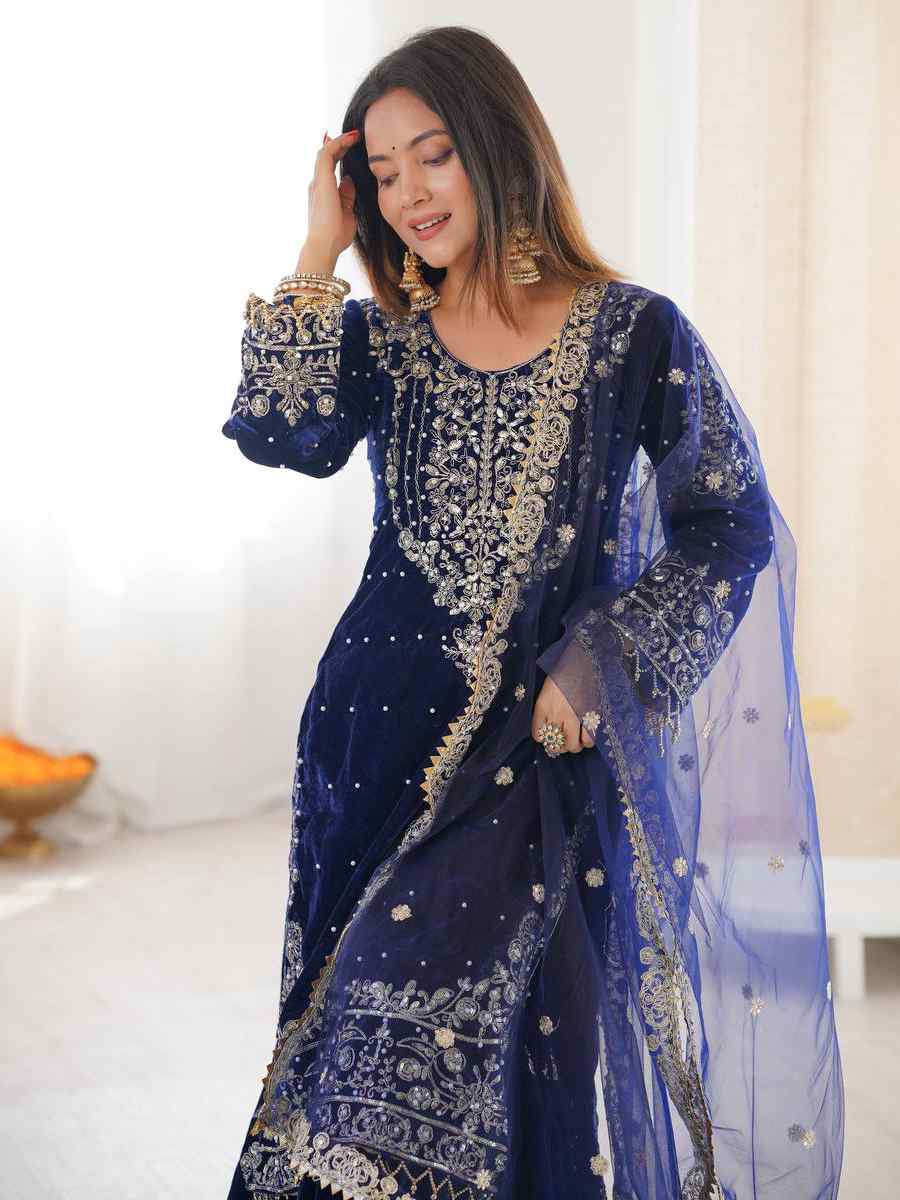 Blue Heavy Viscose Velvet Embroidery Party Wedding Festival Casual Ready Sharara Pant Salwar Kameez