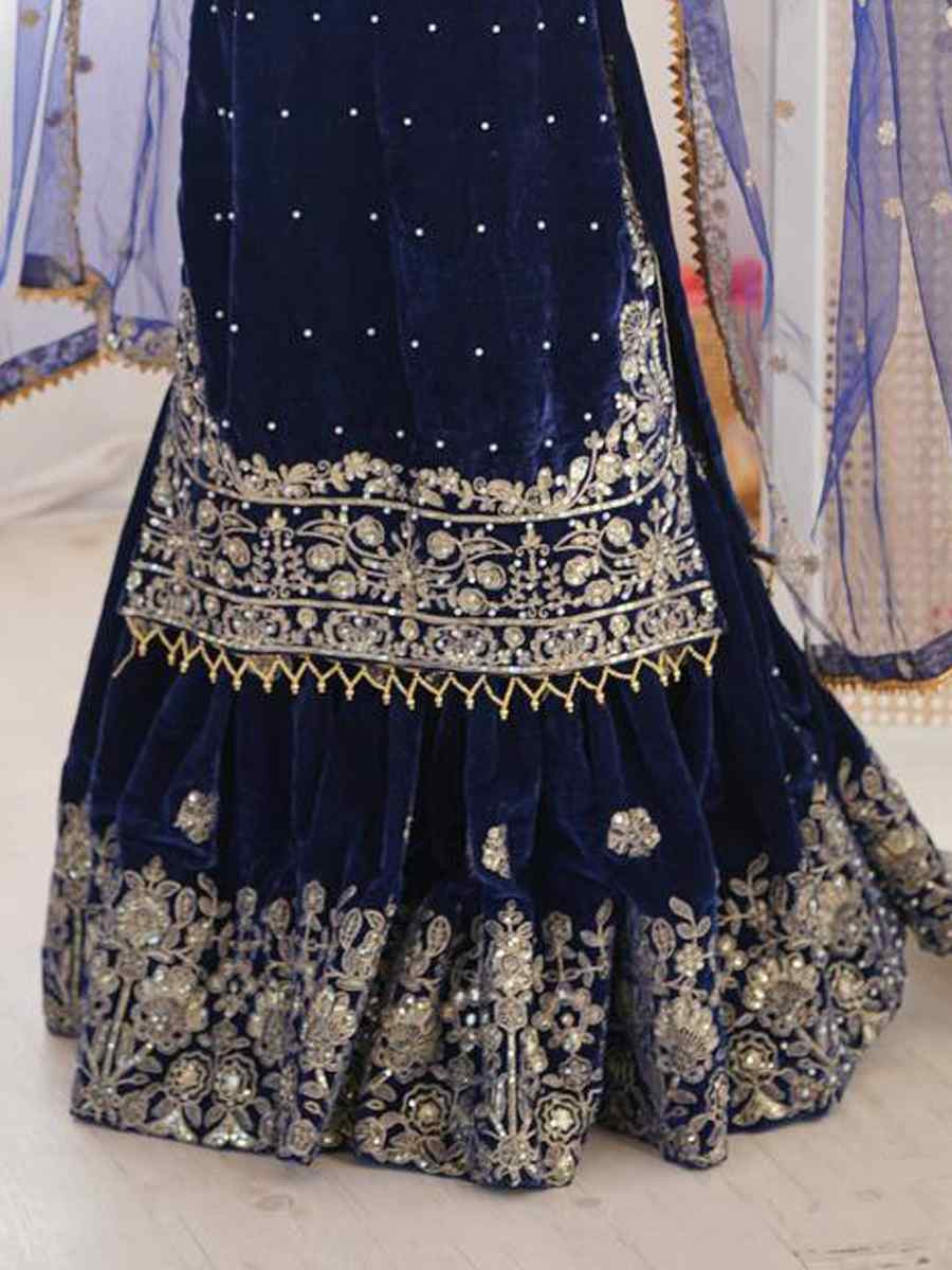 Blue Heavy Viscose Velvet Embroidery Party Wedding Festival Casual Ready Sharara Pant Salwar Kameez