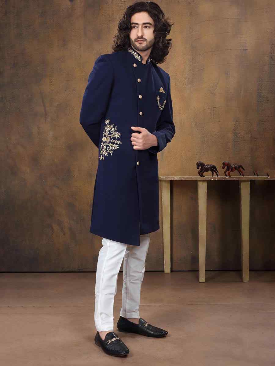 Blue Imported Embroidered Wedding Party Sherwani