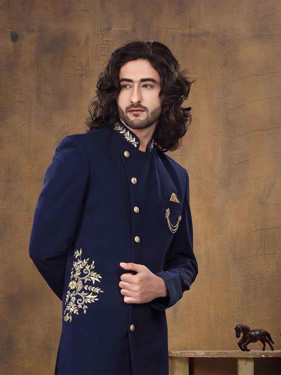 Blue Imported Embroidered Wedding Party Sherwani