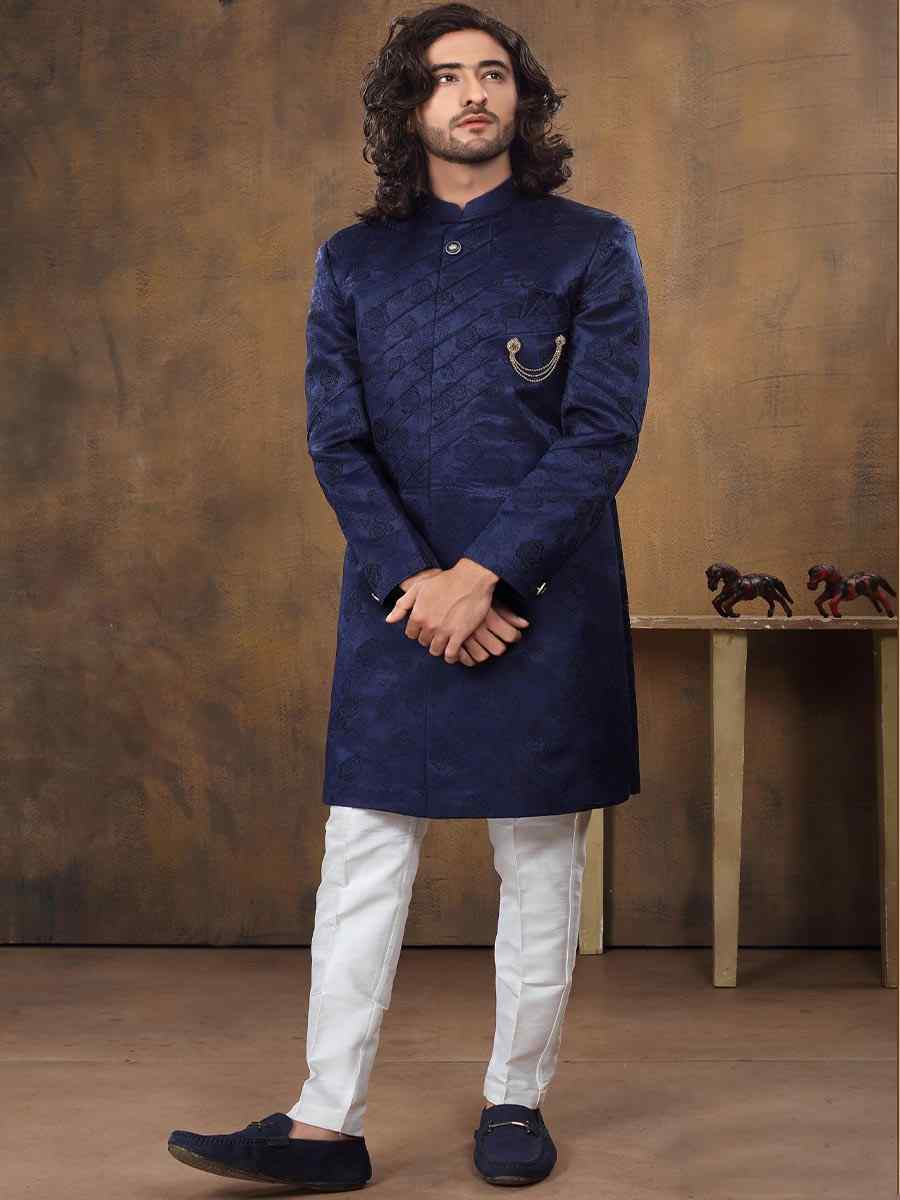 Blue Imported Velvet Woven Groom Wedding Sherwani