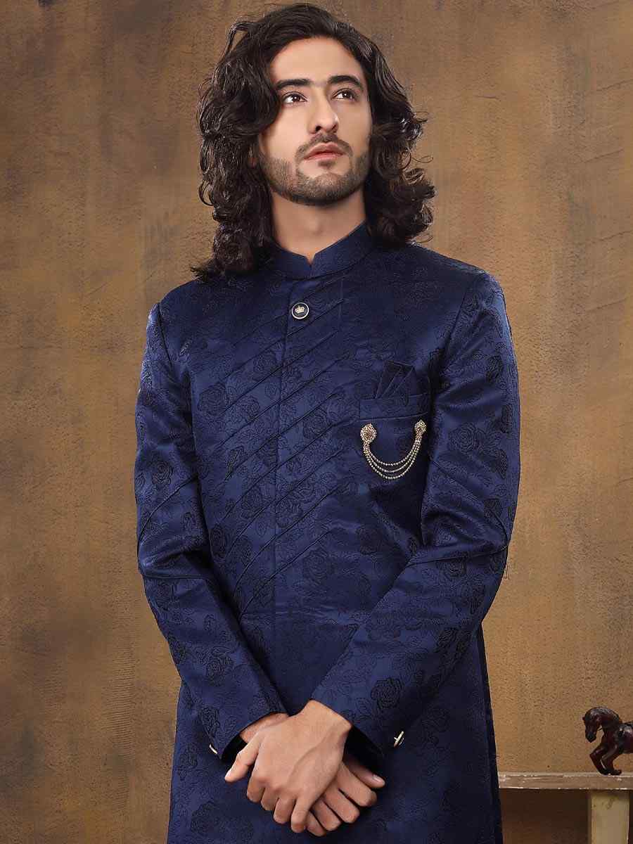 Blue Imported Velvet Woven Groom Wedding Sherwani