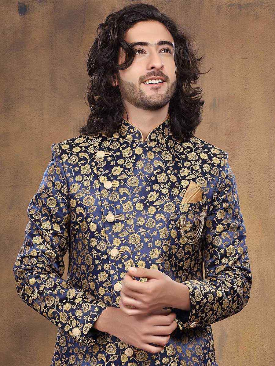 Blue Imported Woven Party Wedding Sherwani