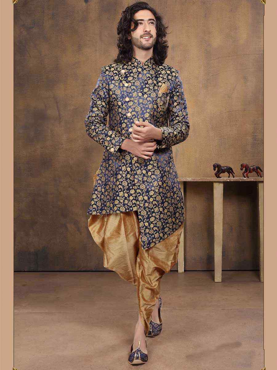 Blue Imported Woven Party Wedding Sherwani
