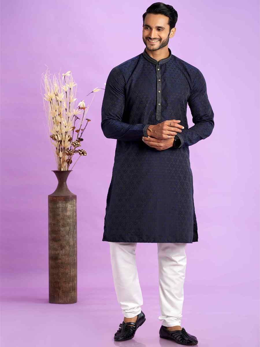 Blue Jacquard Art Soft Silk Printed Festival Casual Kurta