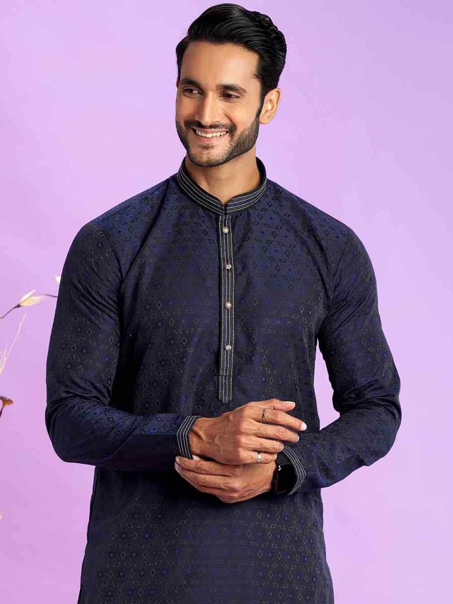 Blue Jacquard Art Soft Silk Printed Festival Casual Kurta