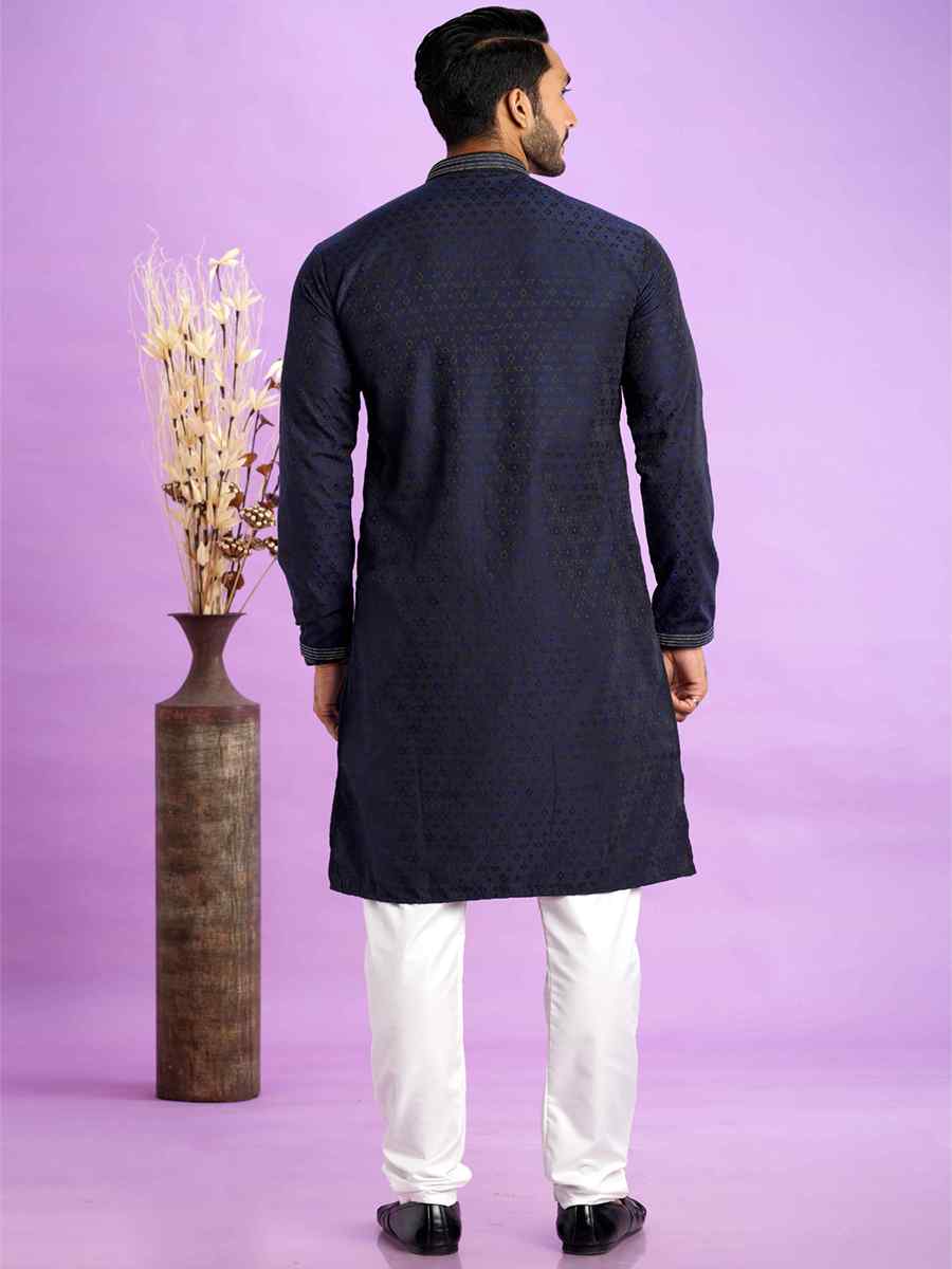 Blue Jacquard Art Soft Silk Printed Festival Casual Kurta